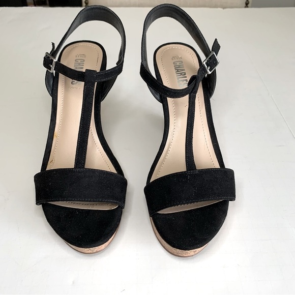 Style CHARLES Black Suede Cork Wedge Sandal Sz 7 - Picture 1 of 12